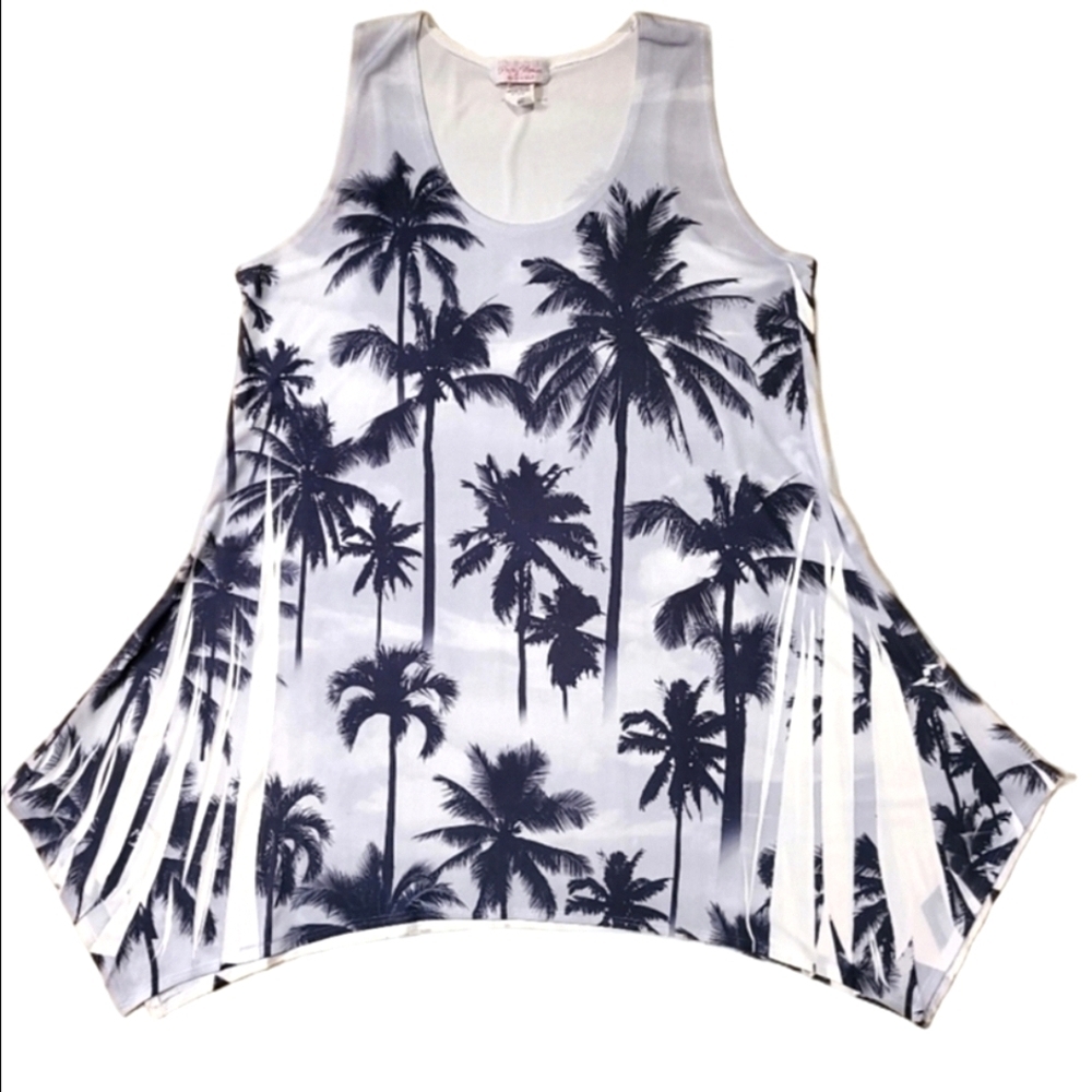 PRETTY WOMAN ASSYMETRICAL MINI DRESS BOHO PALM TREES SLEEVELESS WOMENS MEDIUM